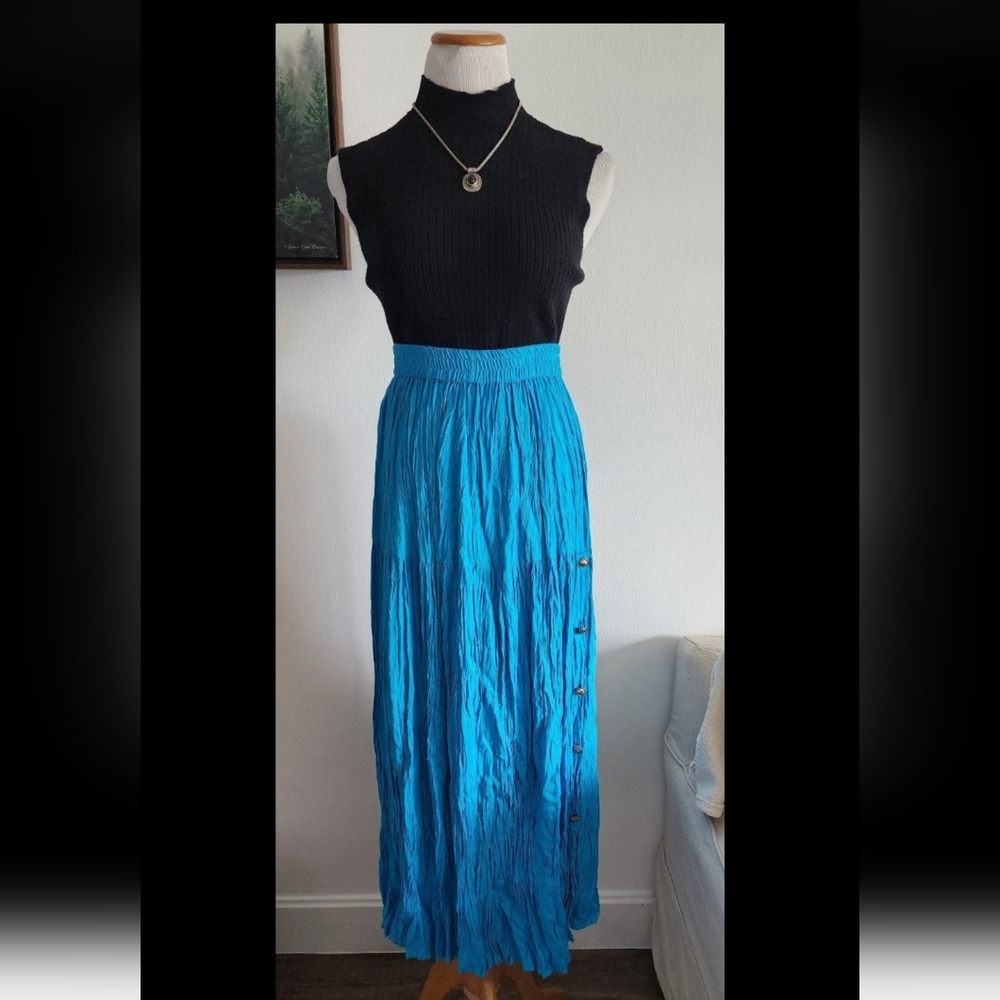 #157 Vintage Crazy Cowgirl Turqouise Maxi Skirt Sz M Country Western Buttons